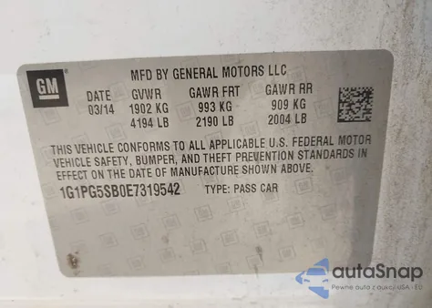 2014 Chevrolet Cruze Ltz from USA, damaged, VIN 1G1PG5SB0E7319542